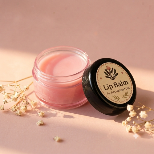 A small open jar of pink lip balm next to its black lid, which features a beige label reading 'Lip Balm For Soft, Hydrated Lips'. The jar and lid are styled with dried white flowers on a soft pink background with warm sunlight shadows.

