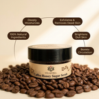 VELAFORA Coffee Honey Sugar Scrub in a clear jar with a black lid and beige label, surrounded by coffee beans on a cream background with feature callout bubbles.