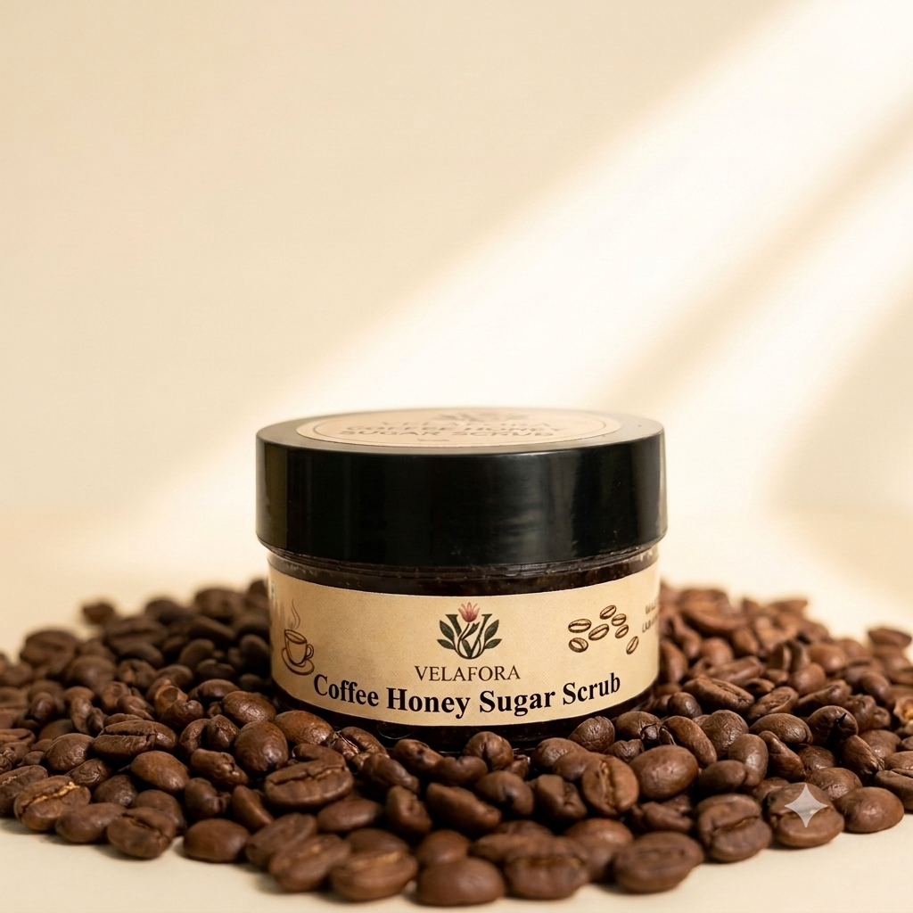 A jar of Velafora Coffee Honey Sugar Scrub sits on a bed of roasted coffee beans against a warm beige background with soft diagonal shadows.