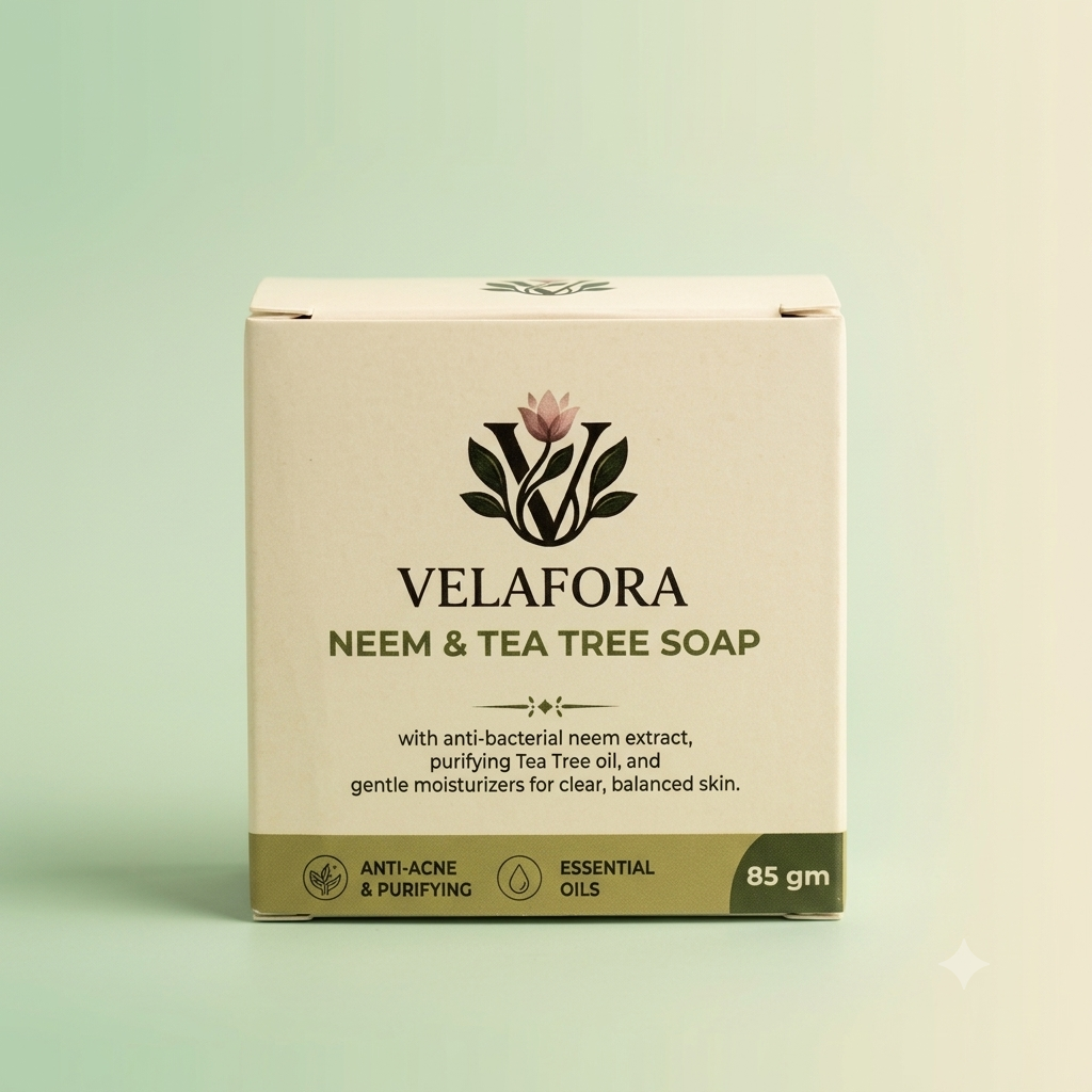 A square cardboard box of Velafora Neem & Tea Tree Soap, 85 gm, shown against a soft mint green gradient background. The box is cream-colored with dark green text and a botanical logo, and features a dark green band at the bottom.