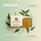 A bar of Velafora Neem & Tea Tree Soap is displayed next to its cream-colored packaging box, styled with green leaves and small white flowers on a light green background. Text overlays highlight key benefits: 'Anti-Acne & Purifying', 'Deep Cleansing', 'Reduces Breakouts', and 'Gentle Exfoliation'.