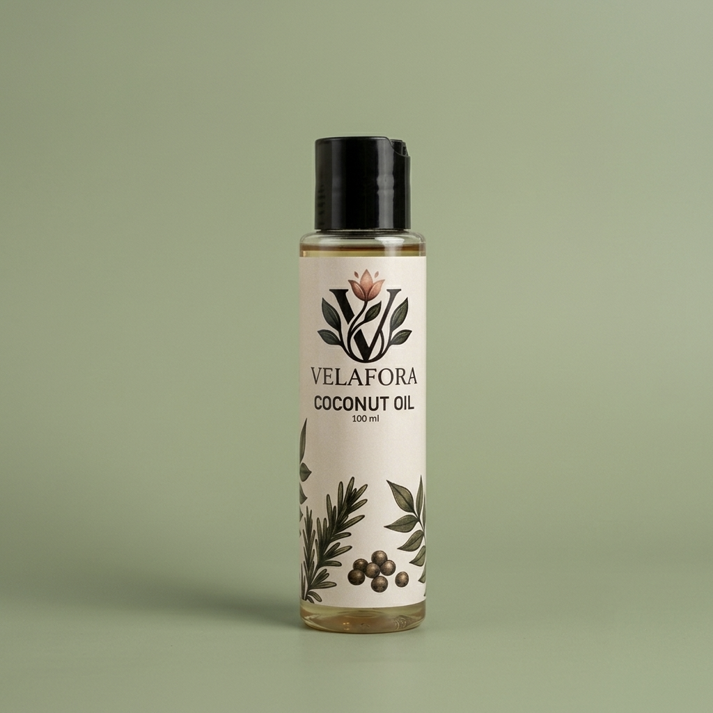 A 100 ml bottle of Velafora Coconut Oil with a black cap and a cream-colored label decorated with botanical illustrations, set against a solid sage green background.

