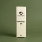 A tall, rectangular cream-colored box of Velafora Coconut Oil, standing upright against a solid sage green background.

