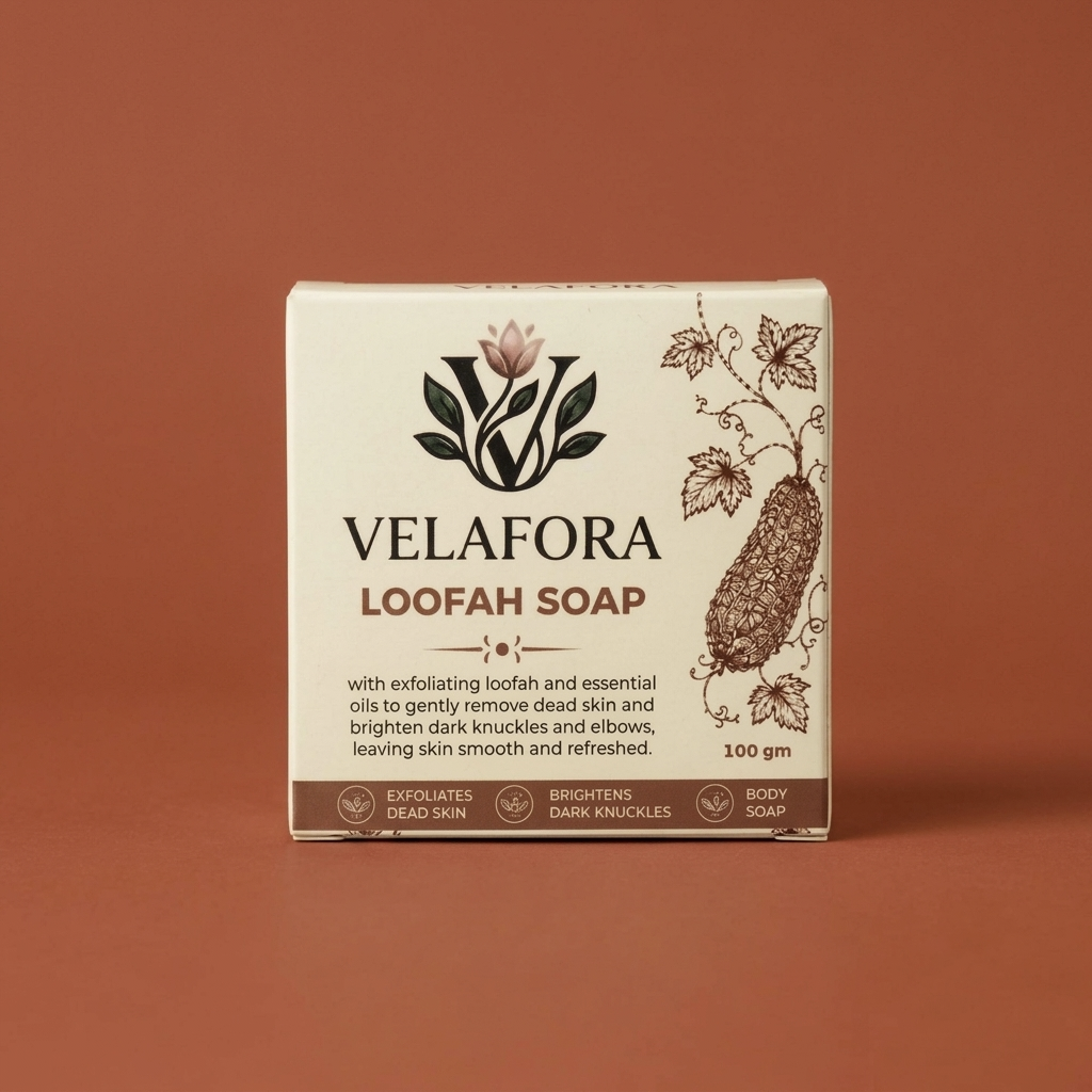 A rectangular box of Velafora Loofah Soap centered against a solid terracotta background. The box is cream-colored with brown text and illustrations of loofah leaves and a loofah fruit.

