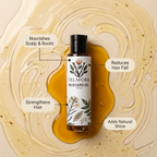 A bottle of Velafora Mustard Oil centered over a swirl of golden oil on a beige background, with callout labels describing benefits: nourishes scalp & roots, reduces hair fall, strengthens hair, and adds natural shine.