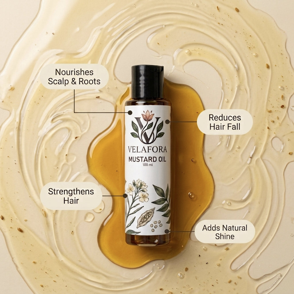 A bottle of Velafora Mustard Oil centered over a swirl of golden oil on a beige background, with callout labels describing benefits: nourishes scalp & roots, reduces hair fall, strengthens hair, and adds natural shine.