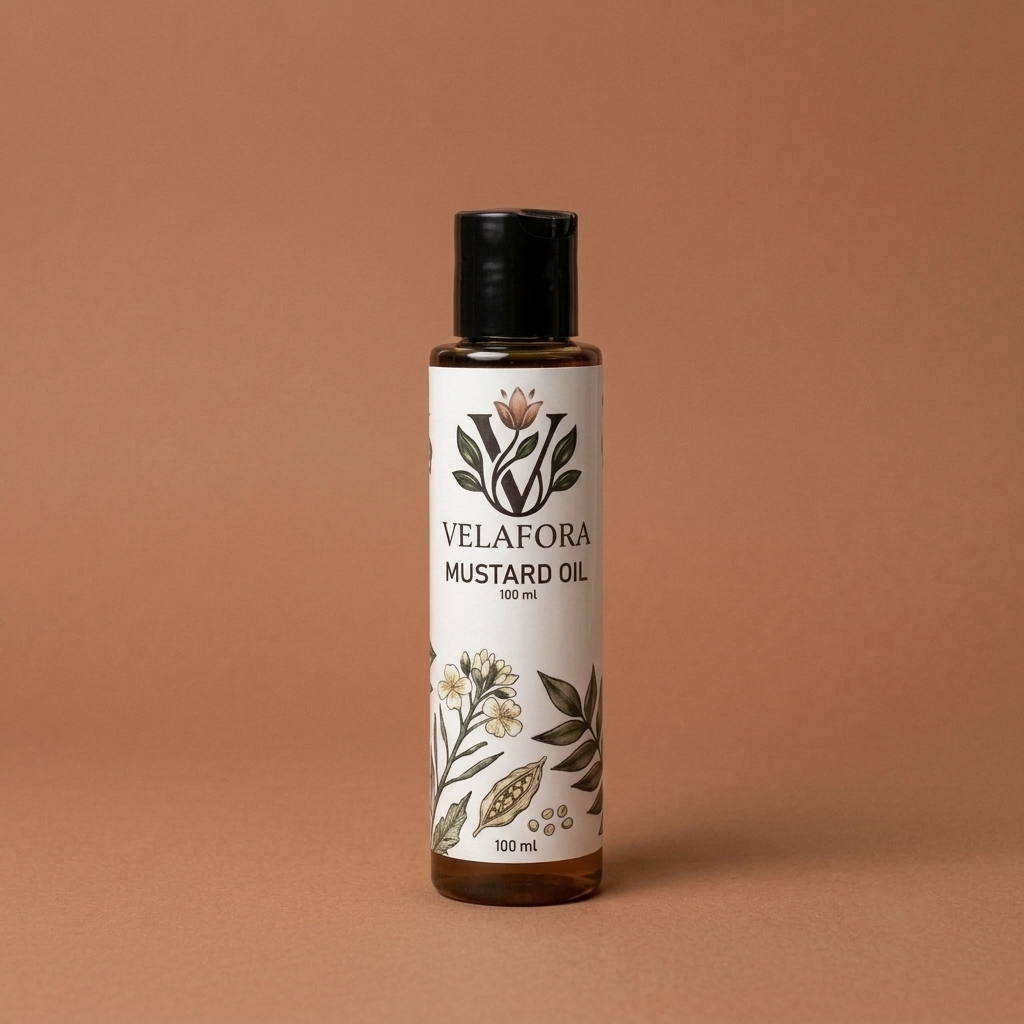 A 100 ml bottle of Velafora Mustard Oil with a black cap and a white botanical label, set against a solid terracotta background.