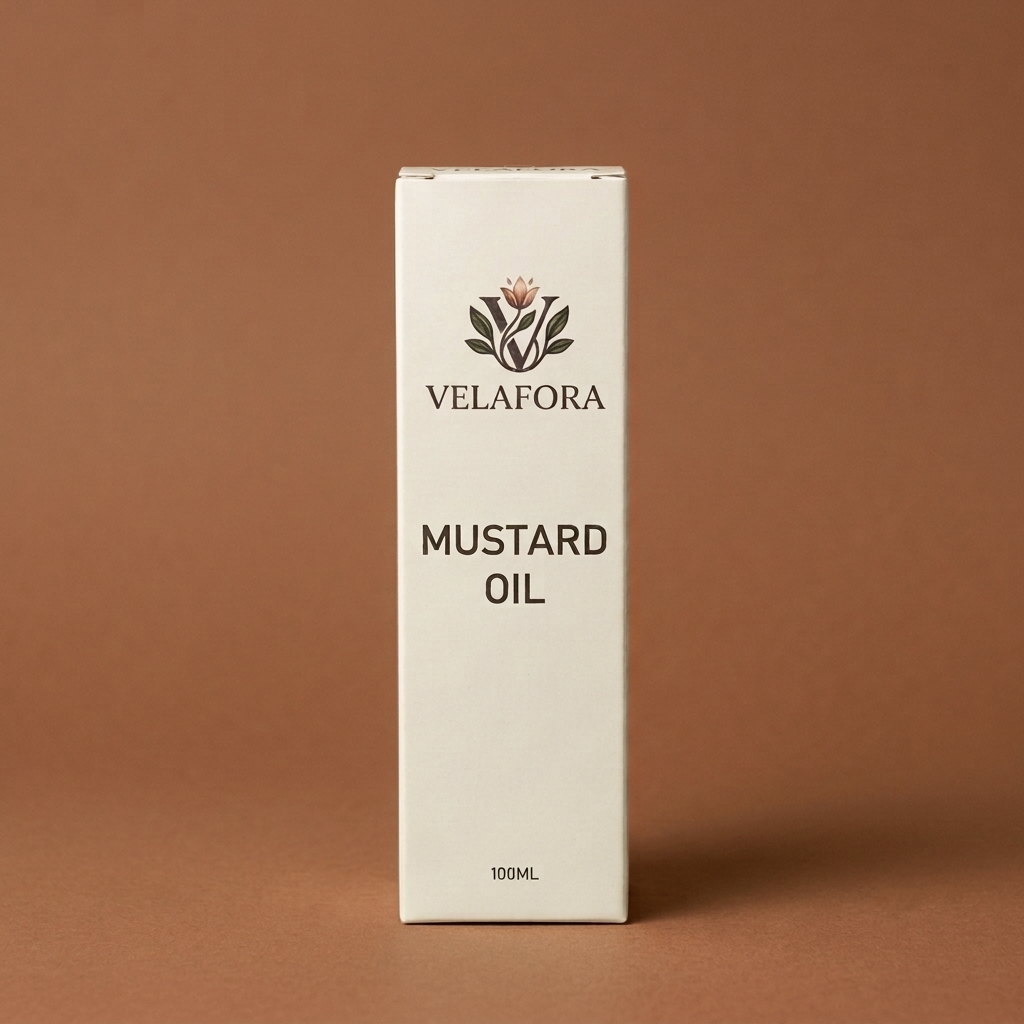 A tall, narrow white box of Velafora Mustard Oil, 100ml, standing upright against a solid warm brown background.