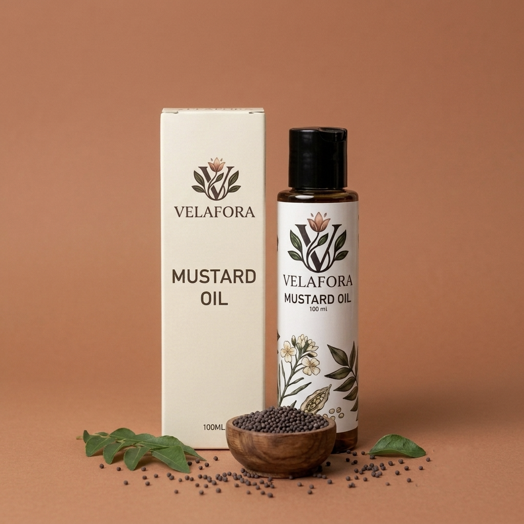 A bottle of Velafora mustard oil and its matching box are displayed on a warm terracotta background, styled with a small wooden bowl of mustard seeds and green leaves.