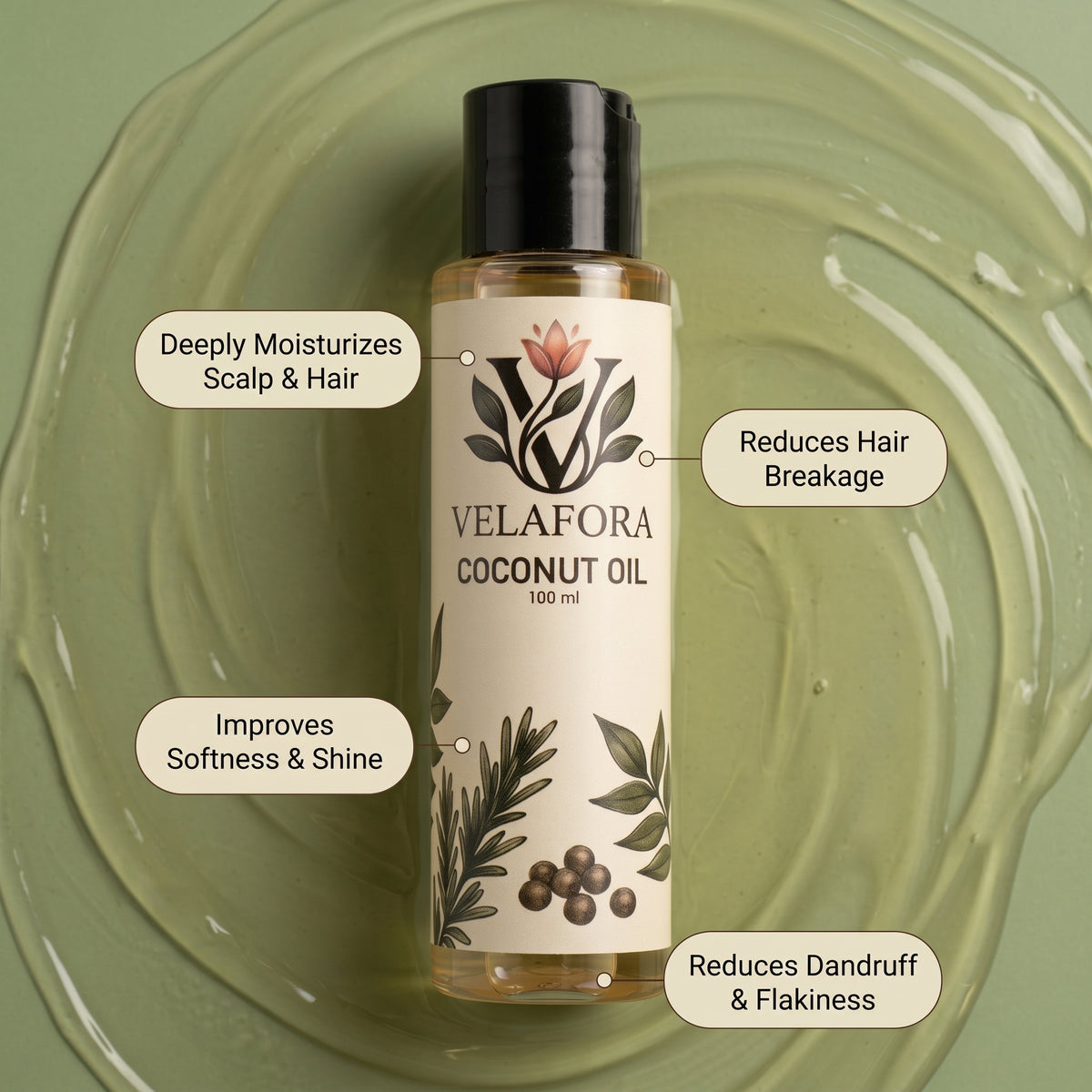 A bottle of Velafora Coconut Oil is centered on a textured olive-green background with decorative text callouts highlighting hair benefits.

