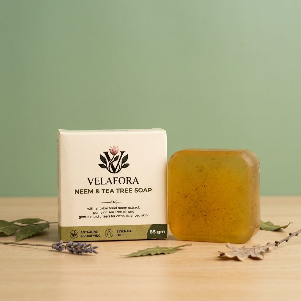A bar of Velafora Neem & Tea Tree Soap stands next to its white and green packaging box on a light wooden surface, with dried leaves and lavender sprigs scattered around. The background is a soft sage green.