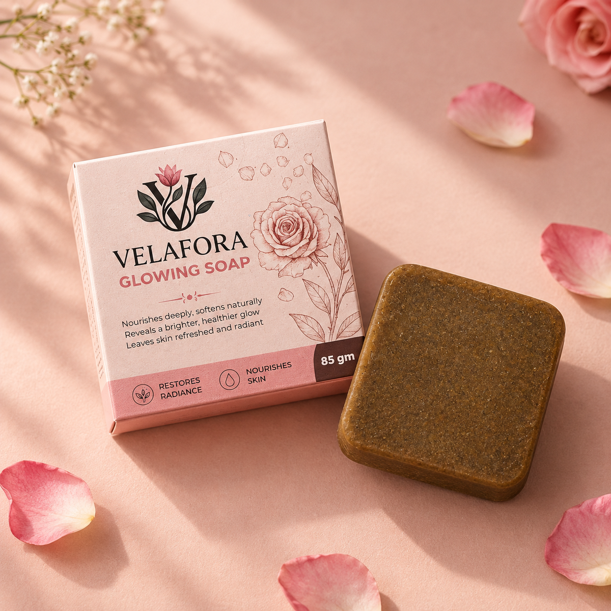 Velafora Glowing Soap bar next to its pink and white floral box, styled on a pink surface with scattered rose petals.