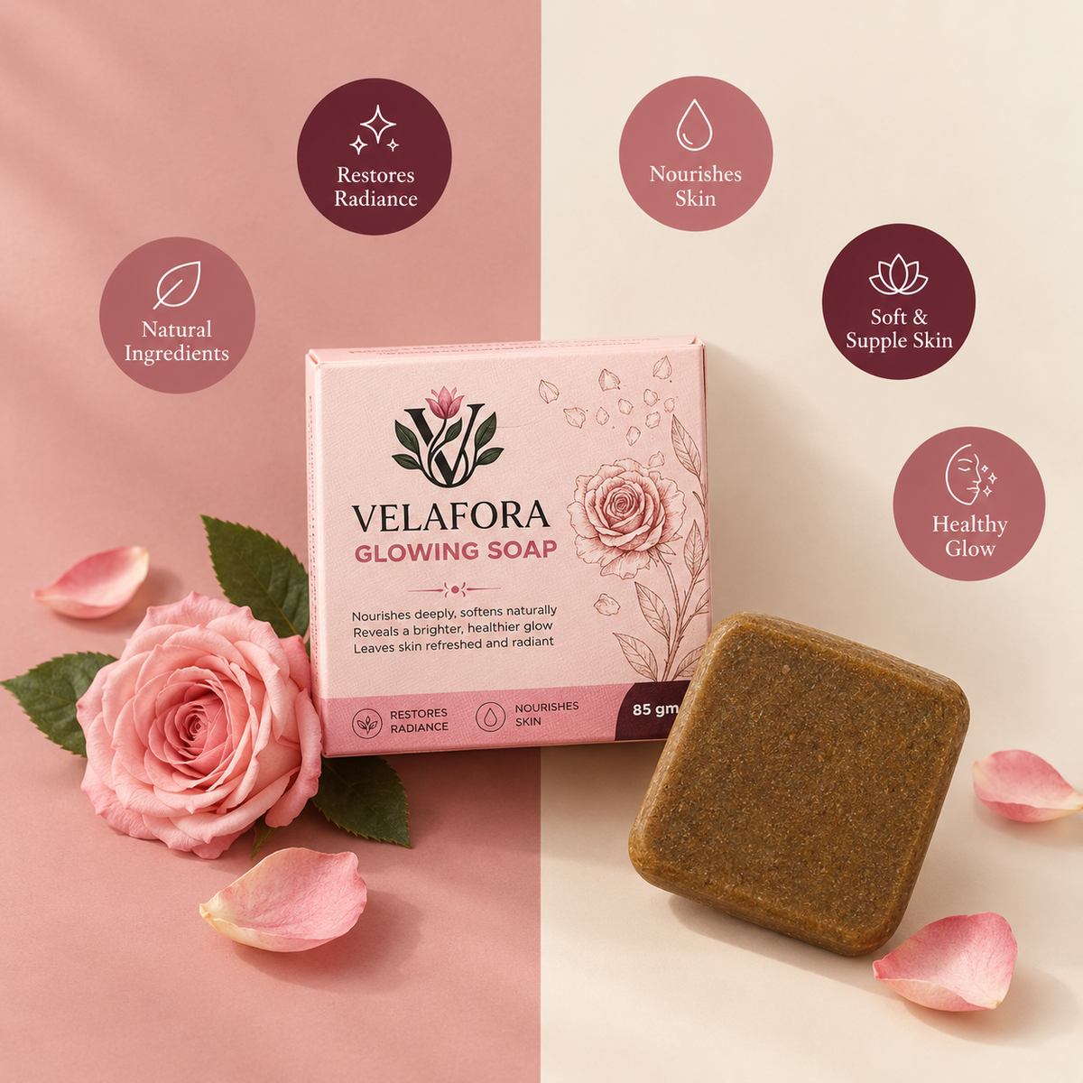 VELAFORA Glowing Soap 85g box and a bar of soap displayed on a split pink and beige background with rose graphics and text callouts.