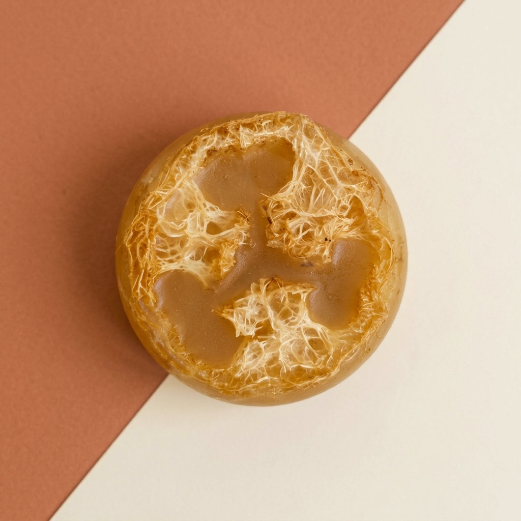 A round, textured amber-brown loofah sponge or decorative stone piece, photographed from above on a diagonally split terracotta and off-white background.


